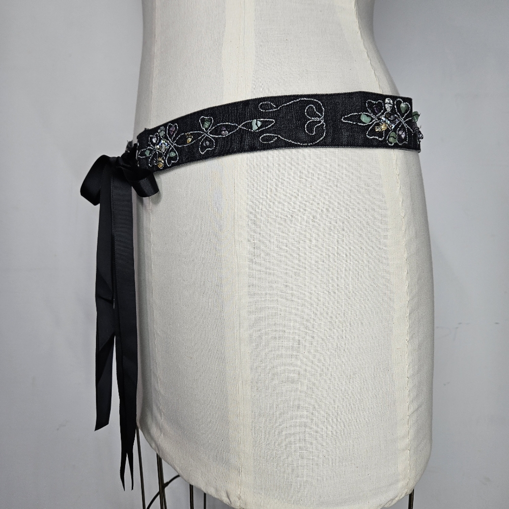 Belt 40-50" Vintage Black Denim Gemstone Embroidered Grosgrain Ribbon Wrap Tie - Picture 2 of 10